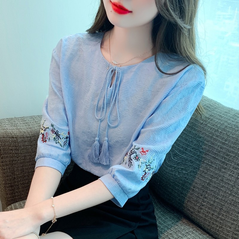 夏季2025年新款提花刺绣纯棉衬衫女洋气全棉七分袖宽松遮肚子上衣