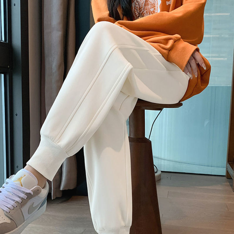 加长运动裤女秋冬加绒白色高个子2024新款宽松束脚休闲裤显瘦卫裤