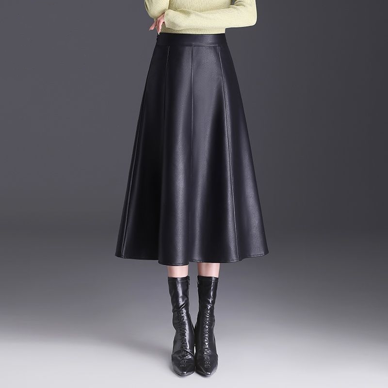 复古pu水洗皮半身裙女2023秋冬高腰气质中长款a字裙时尚百搭伞裙