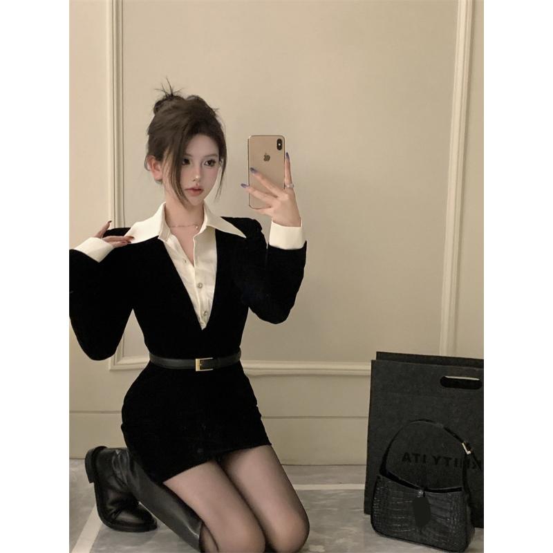 休闲假两件御姐风黑色收腰显瘦秋冬新款风短裙子辣妹包臀连衣裙女