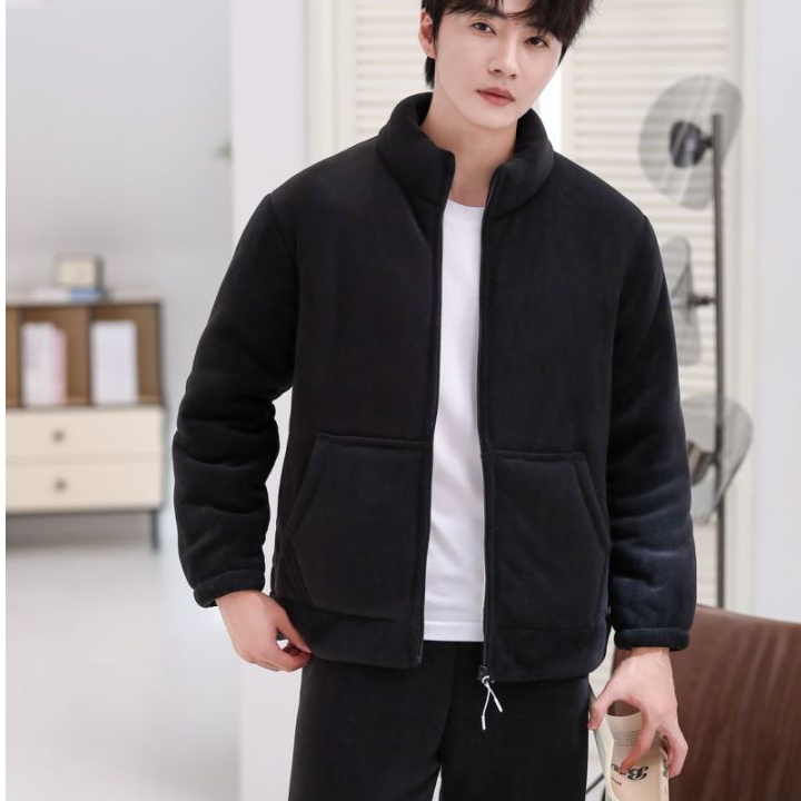 男款立领时尚拉链运动风海豚絾保暖外穿家居服套装加绒加厚秋冬