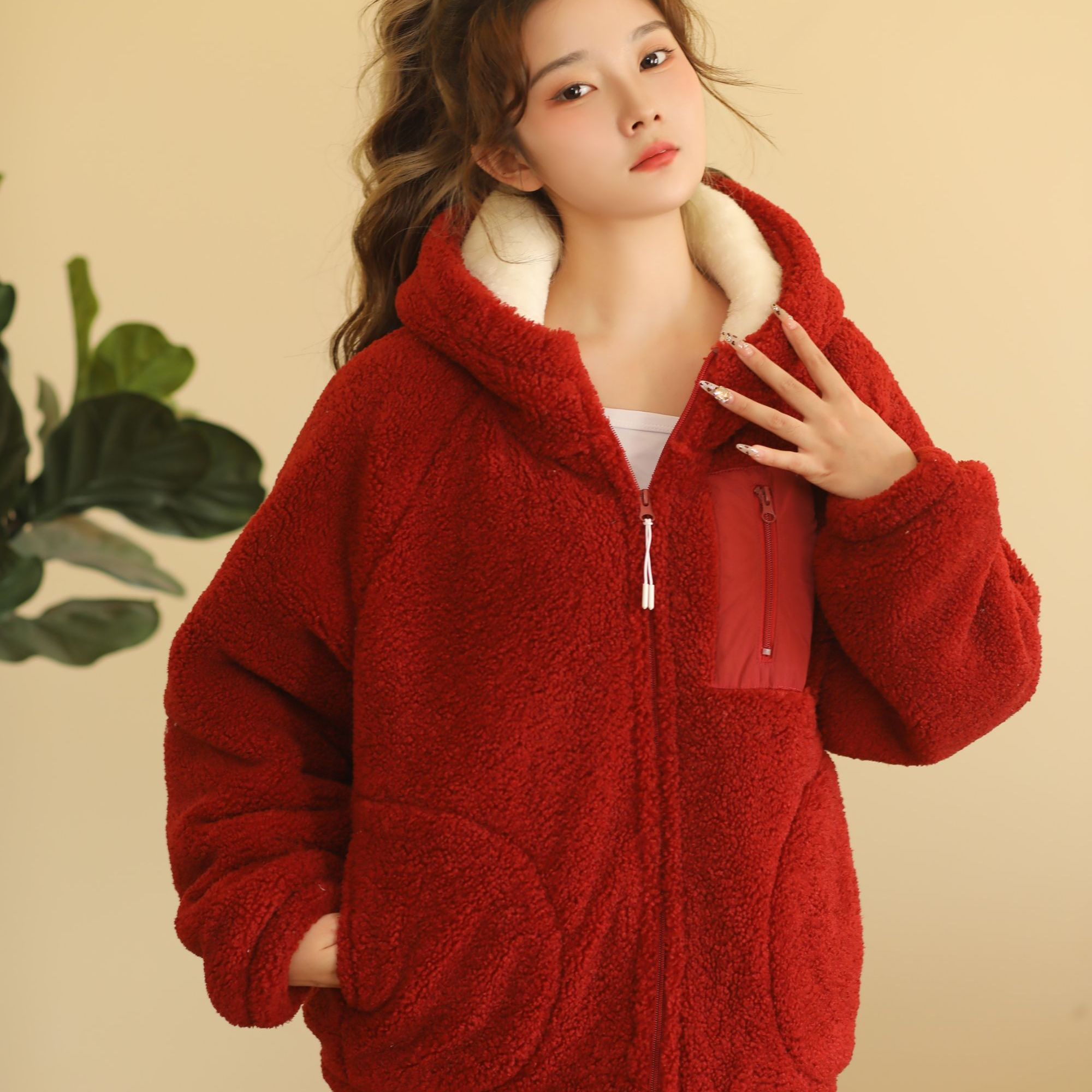 2024麦穗絾加絾休闲宽松韩版加厚外穿外套家居服女款秋冬上衣