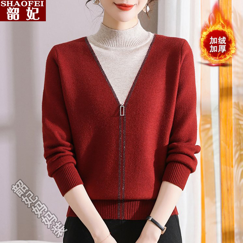 妈妈冬装加绒加厚红色毛衣假两件保暖上衣中老年人女本命年打底衫