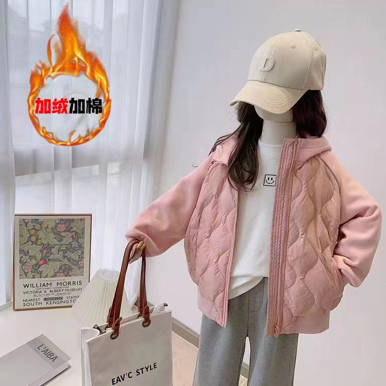 女童秋冬外套2024新款儿童洋气拼接夹棉连帽上衣加厚时尚冬季棉服