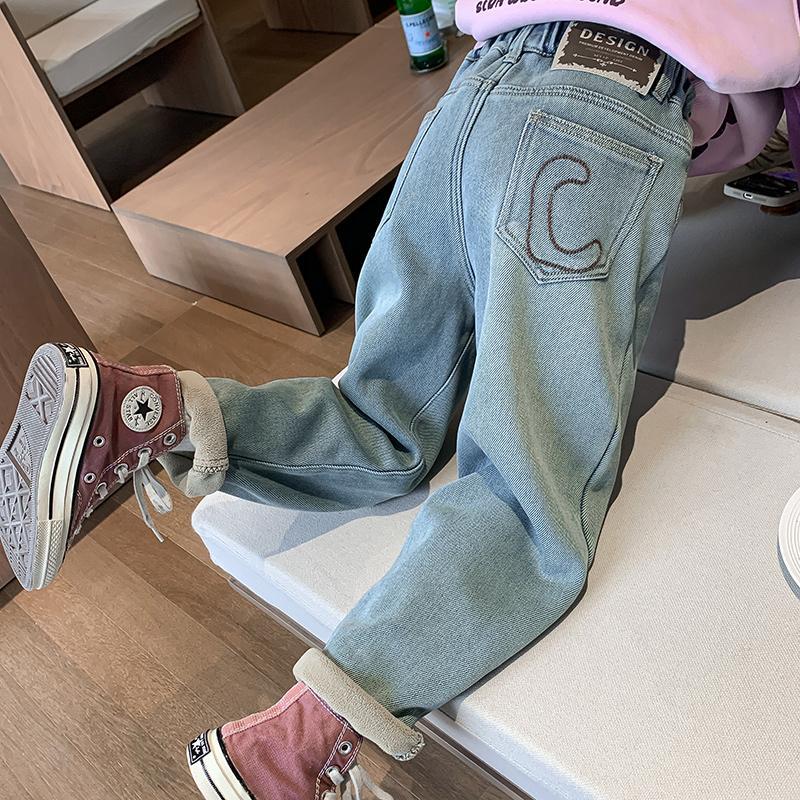 女童冬装加绒牛仔裤2024新款直筒儿童秋冬款加厚裤子小女孩洋气裤