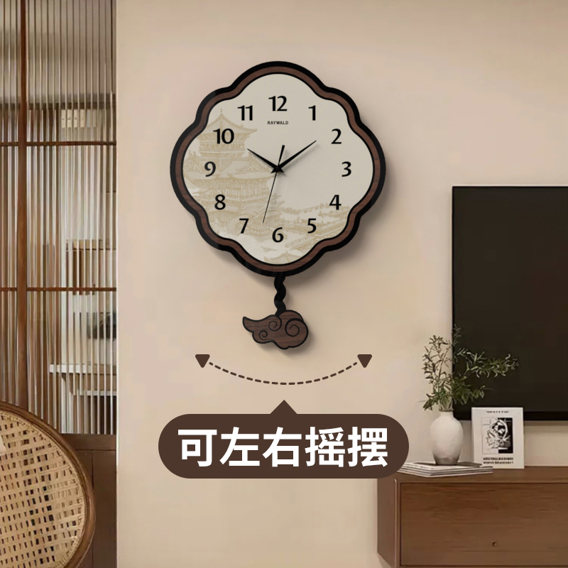 中式复古钟表客厅家用挂钟轻奢格栅时钟挂墙高档大气静音石英钟表