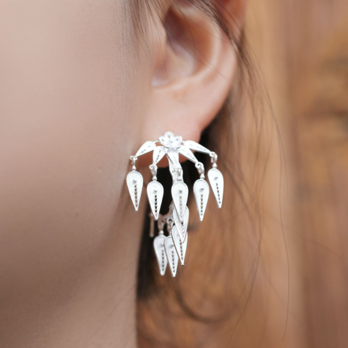 足银耳饰 【竹节流苏耳圈】黔喜银饰设计款小众花丝手工民族风耳环