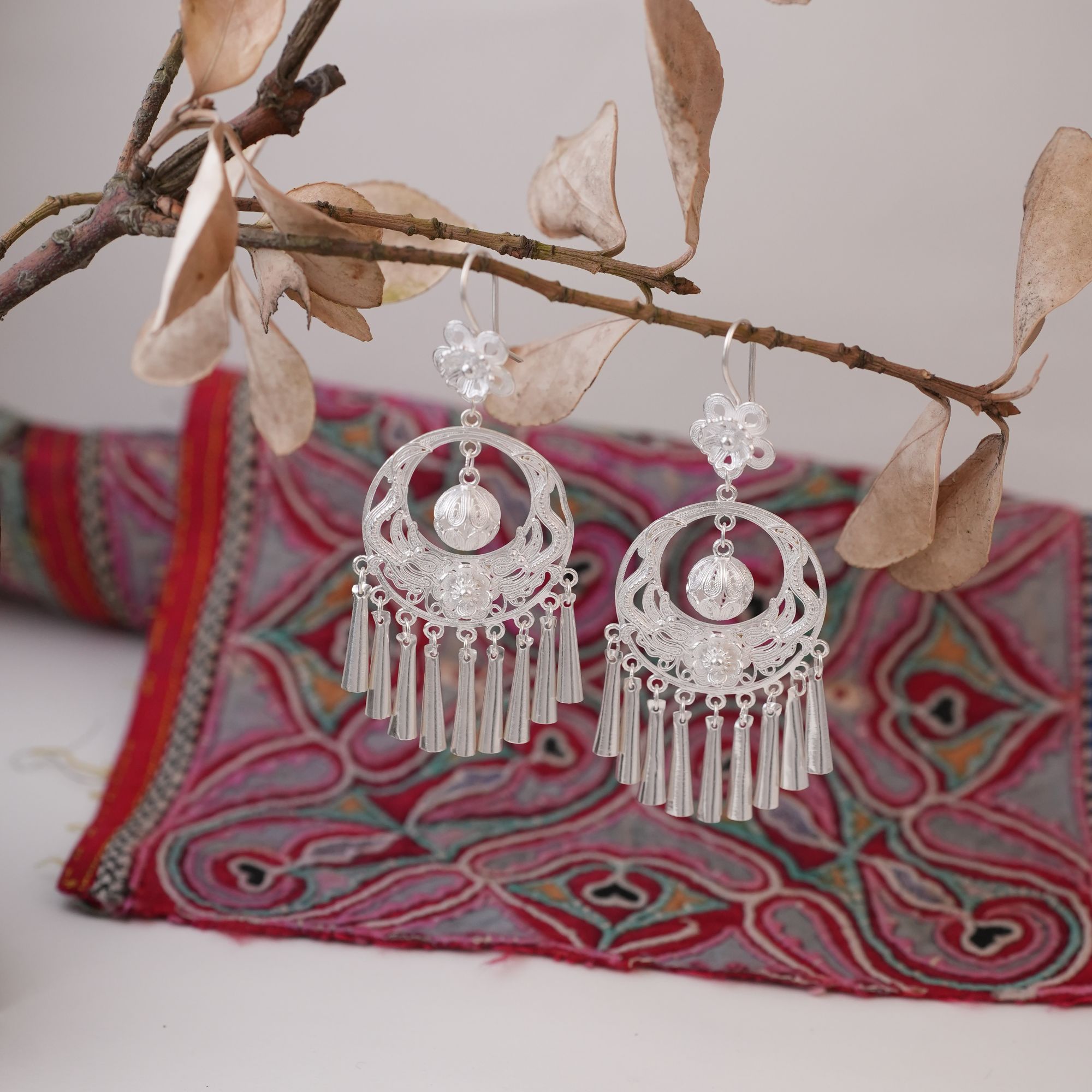 足银耳饰 【双龙绣球流苏耳环】黔喜银饰民族风苗族手工精美气质