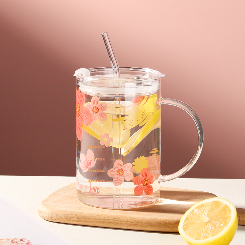 小清新樱花大水杯透明色家用大容量印花喝奶杯