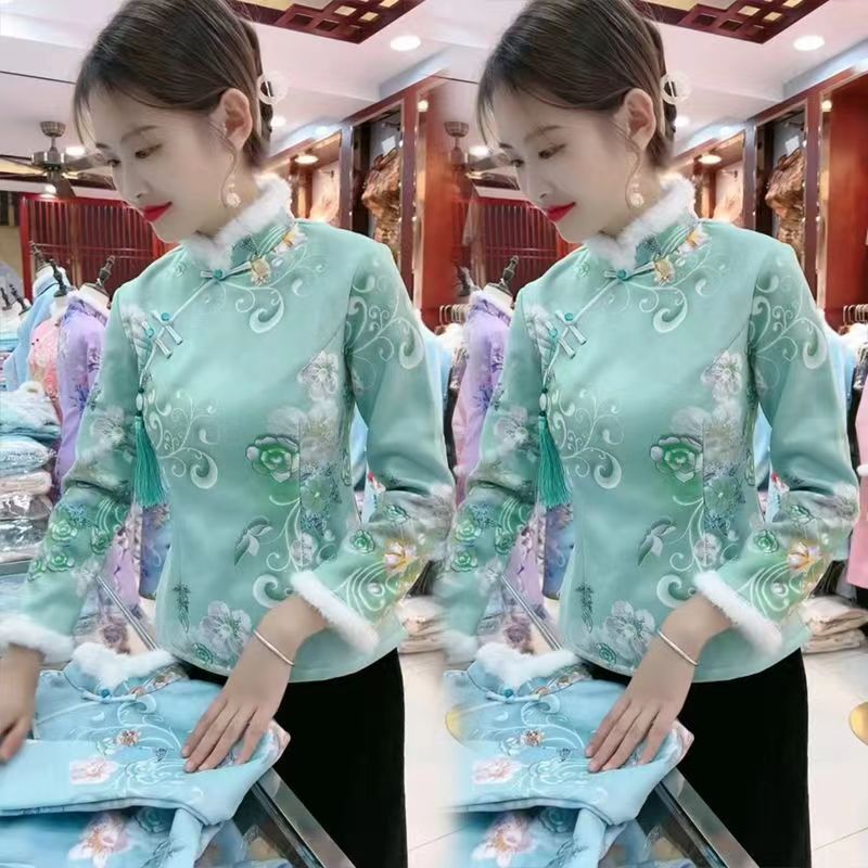 2023新款加绒加厚秋冬季旗袍上衣女短款修身网红民族风保暖潮