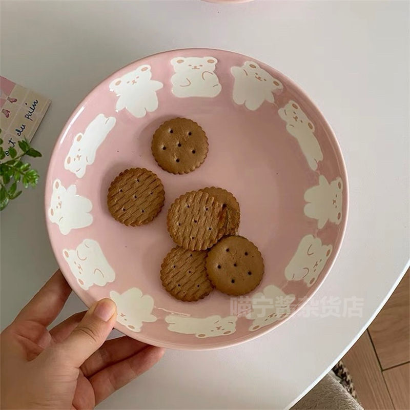 ins风粉色小熊陶瓷深盘高颜值家用卡通盘子少女心蛋糕盘早餐盘MNJ