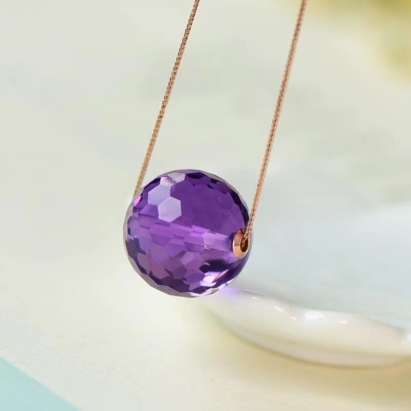 天然紫水晶18K金镶嵌女款简约梦幻紫色极光项坠大颗正圆粉紫坠链
