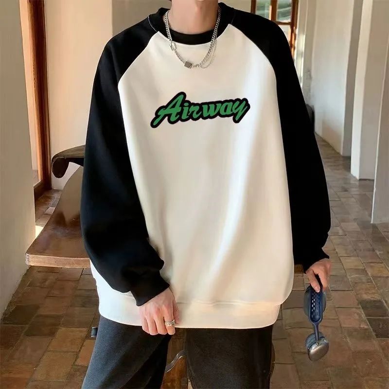 重磅360克新款拼接圆领卫衣男士春秋款休闲宽松大码长袖打底衫