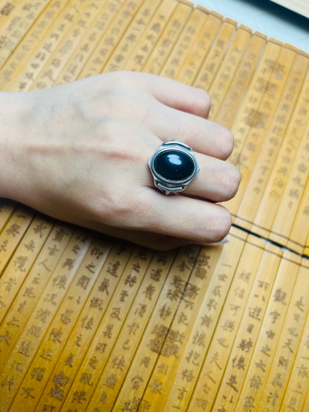 天然和田玉墨玉戒指s295银镶嵌个性经典时尚男士戒指可调节
