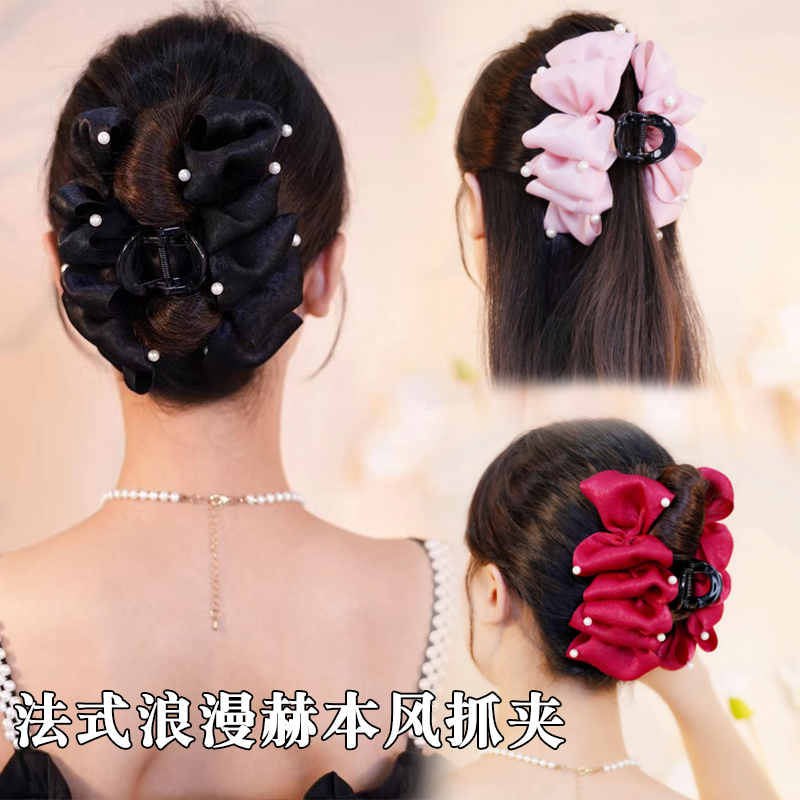 法式温柔赫本风发夹女2023新款珠珠泡泡抓夹蝴蝶结后脑勺鲨鱼夹子