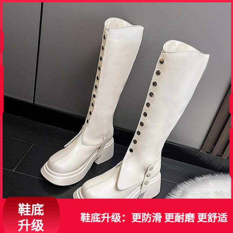 回力潮品铆钉厚底不过膝长靴女两穿新款高跟圆头粗跟高筒靴骑士靴