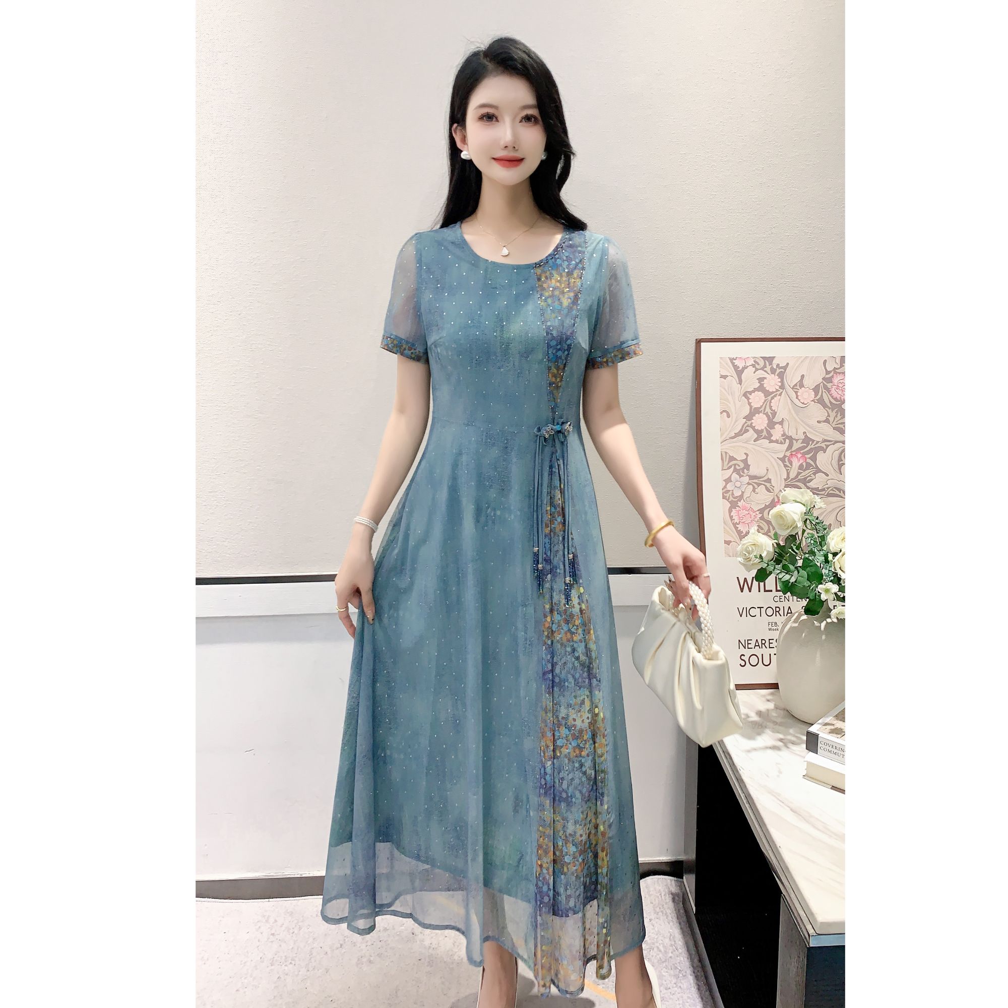 卓金来2024中年妈妈装中长款透气短袖碎花台湾纱女装连衣裙246552