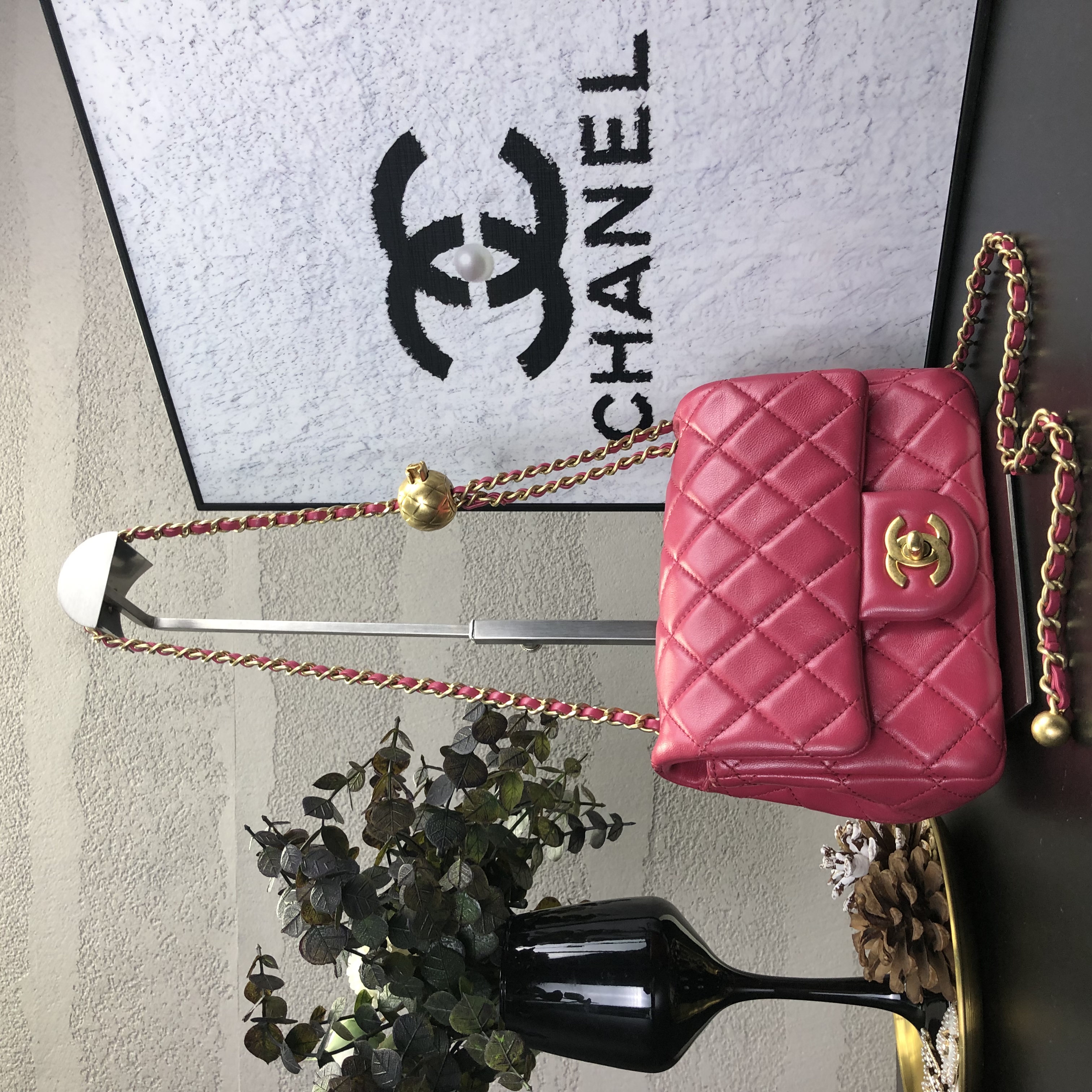 95新 Chanel/香奈儿 玫红色金球CF大mini 29开带卡 底长17