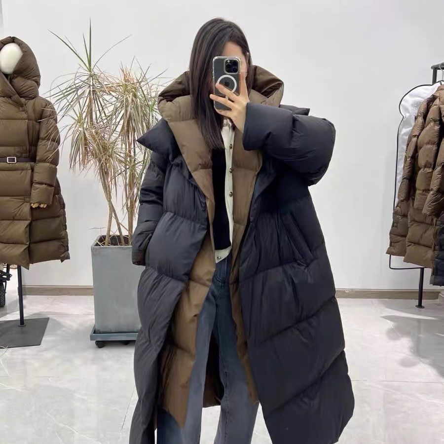 2023冬季新款韩版拼色连帽假两件羽绒服欧版加厚宽松显瘦外套网红