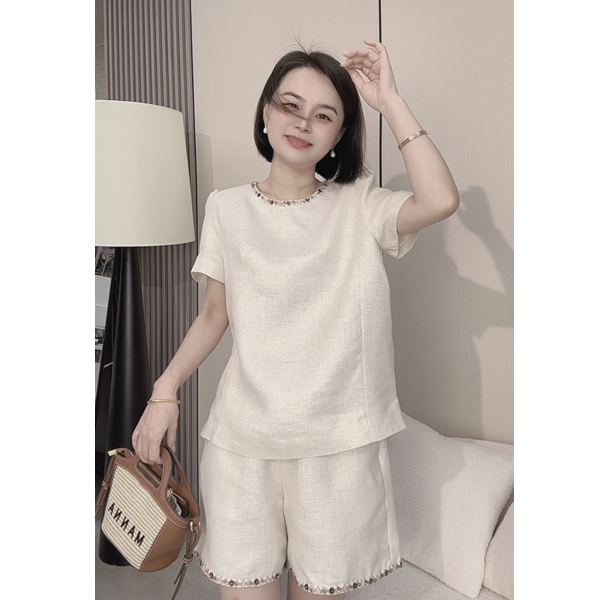 大掌柜推荐《金丝亚麻》重工钉珠进口金丝亚麻轻薄套装女 