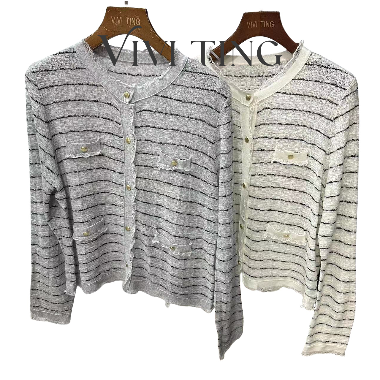 【VIVI·TING】婷姐推荐设计感名媛气质小香风条纹金扣羊毛衫s217