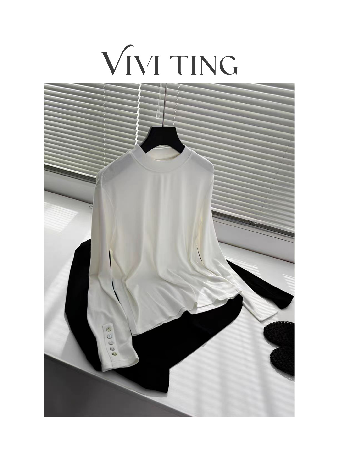 【VIVI·TING】婷姐推荐休闲百搭新款净版袖扣设计圆领长袖上衣F300