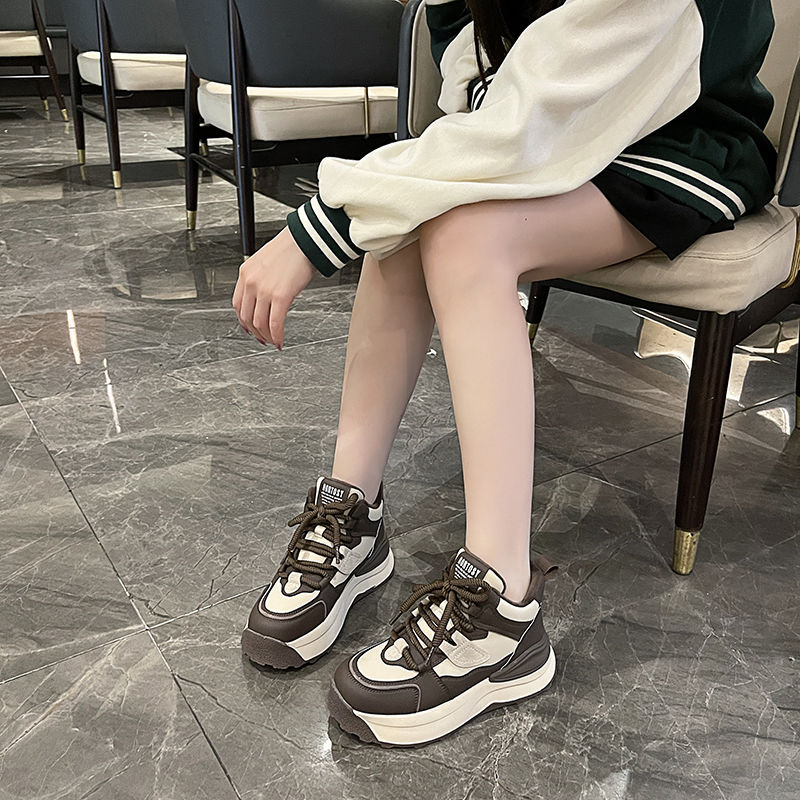 厚底高帮鞋女冬季新款加绒保暖内增高休闲鞋轻便黑色老爹鞋百搭款