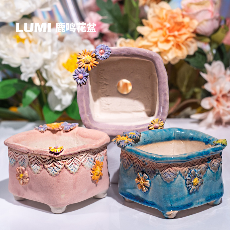 一卌 冬季新品蕾丝小花8.5cm大口径方形带腿景德镇手工多肉花盆