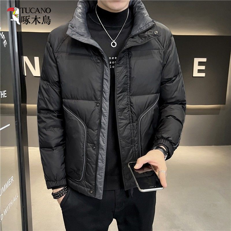 啄木鸟高档男士休闲时尚服冬季韩版时尚百搭短款白鸭绒保暖外套男