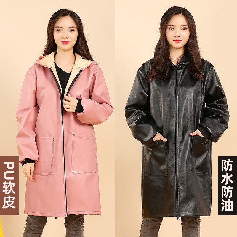 PU皮围裙防水防油软皮革罩衣加肥加大加绒工作服家用厨房护衣时尚
