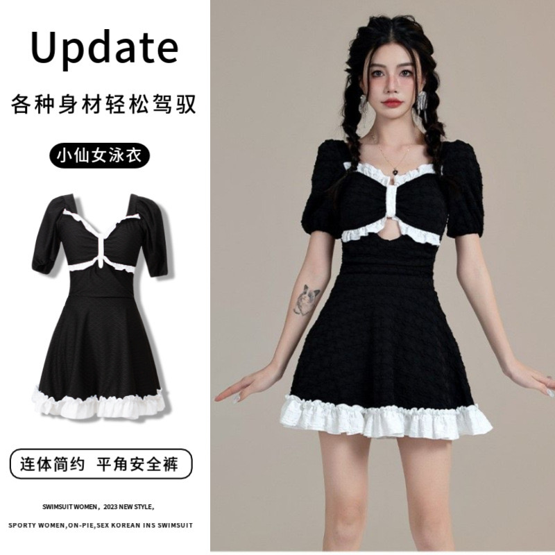 韩国显身材小众爆款显瘦蕾丝泳装性感黑色遮肚保守气质温泉泳衣