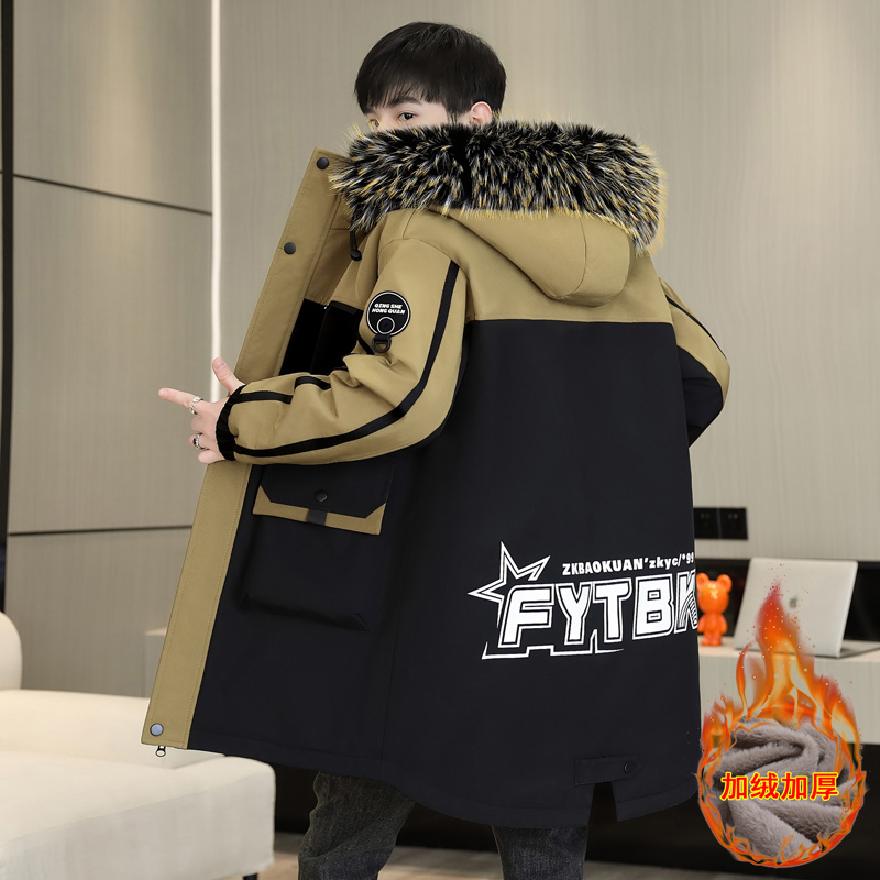 冬季男士中长款外套加绒加厚潮流帅气保暖派克服连帽夹克休闲风衣