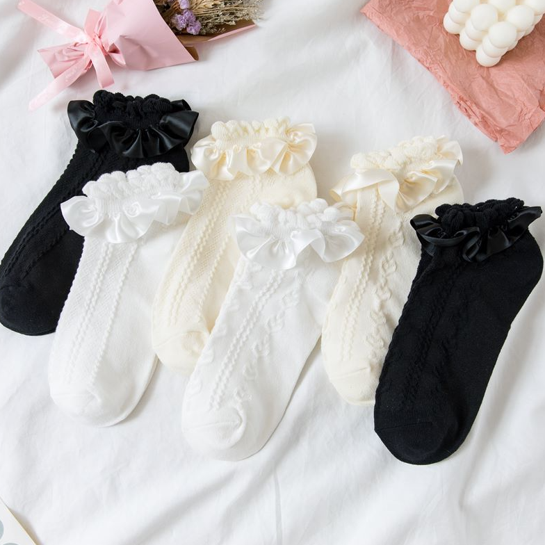缎带花边泡泡船袜蕾丝白色袜子inslolitajk袜子