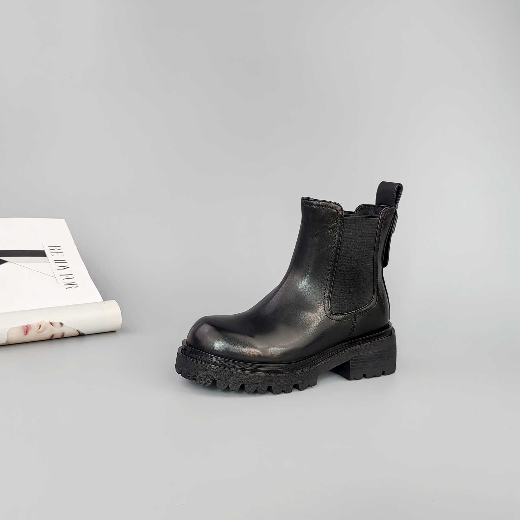 2024秋冬气质时尚百搭女士真皮一脚蹬简单大气圆头短靴鞋-969-1