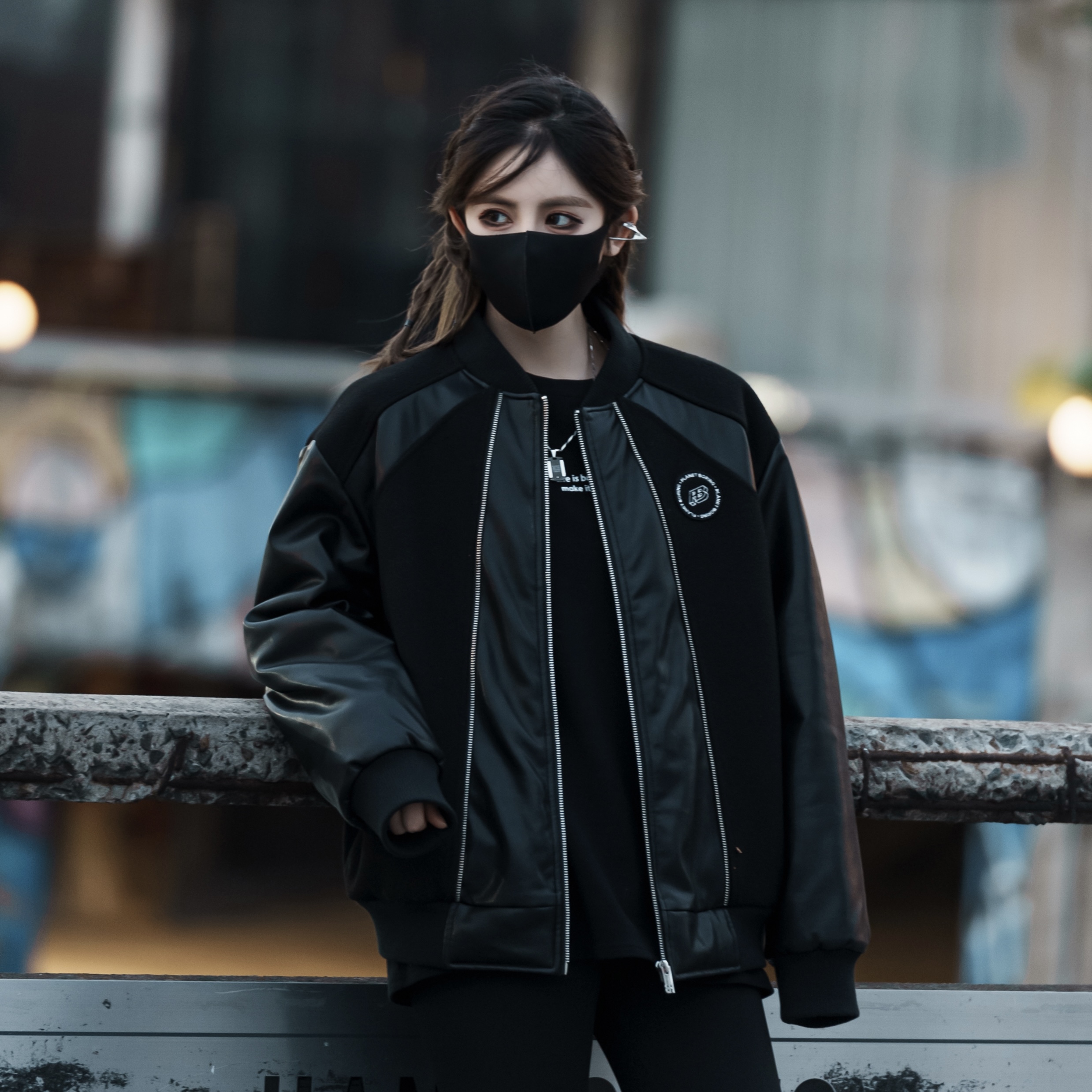 【六一专属】时尚百搭黑色拼皮加棉加厚韩版宽松休闲情侣外套