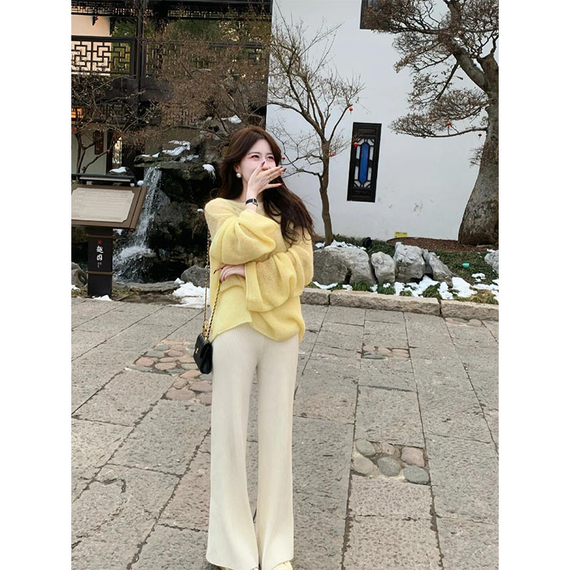 2024秋季新款盐系轻熟穿搭高级设计感长袖针织上衣直筒宽松阔腿裤