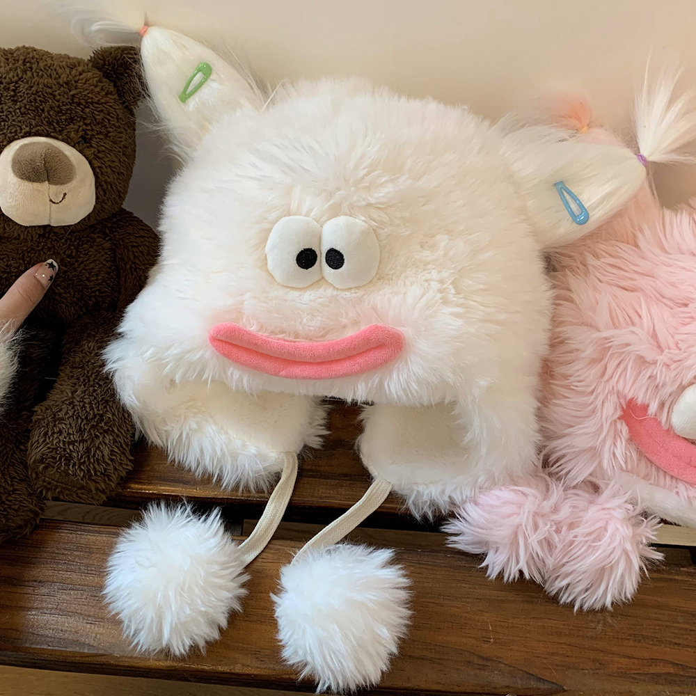 可爱毛绒帽卡通秋冬季韩版大头围搞怪丑萌加绒加厚保暖护耳雷锋帽