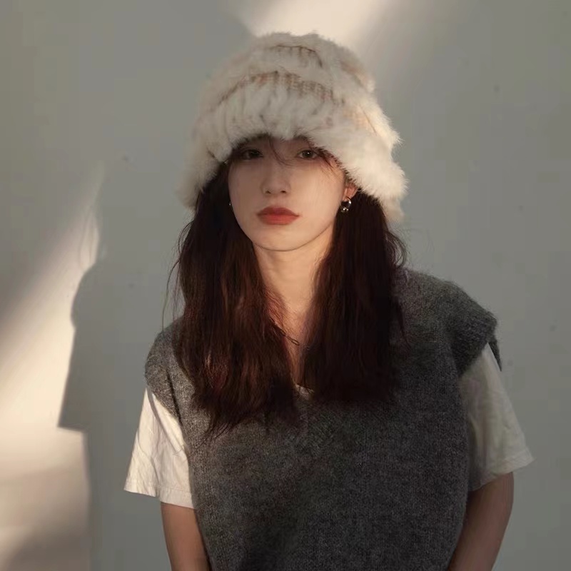 ins百搭针织渔夫帽韩版网红兔毛帽子显脸小渔夫帽加绒加厚绒帽子