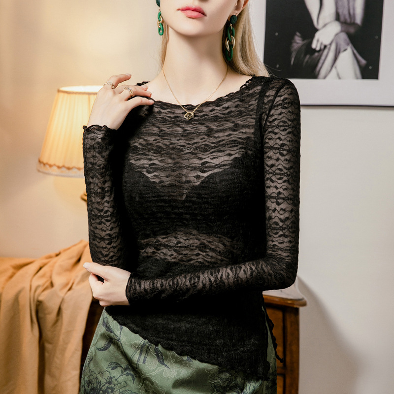 LangSha/浪莎木耳边圆领蕾丝打底衫女提花性感女装内搭开叉上衣