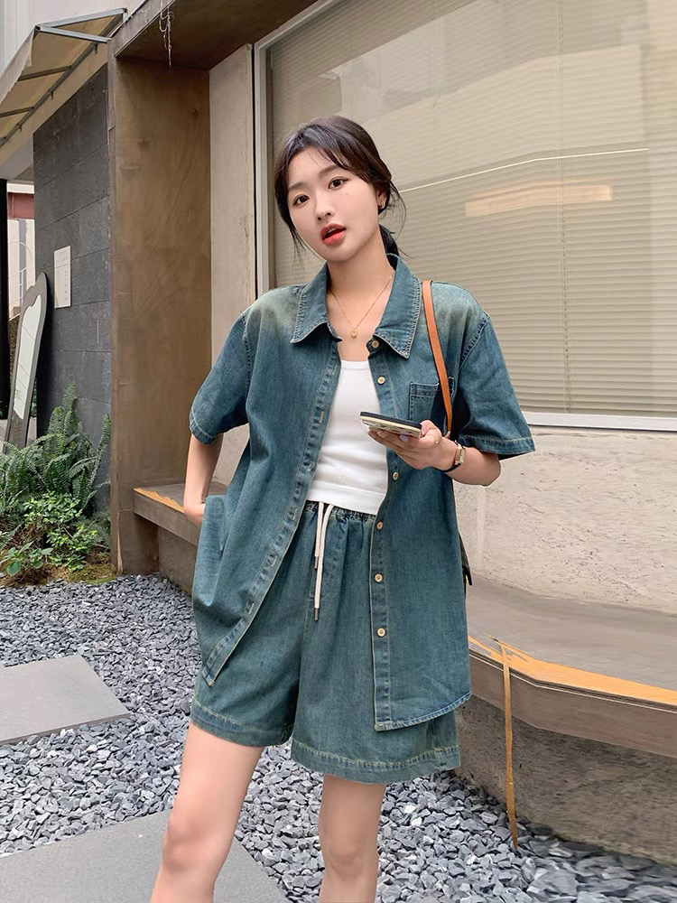 美式复古牛仔衬衫短裤休闲盐系炸街套装显瘦夏季韩版宽松短款洋气