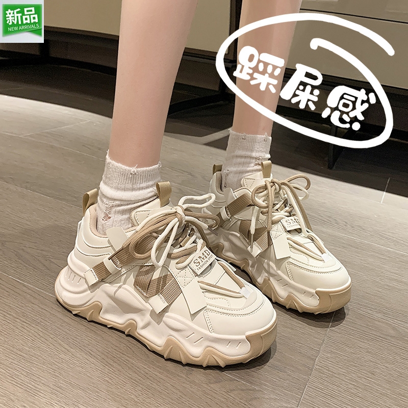 意尔康康女鞋踩屎感软皮老爹鞋2024新款秋季厚底小码34休闲运动鞋