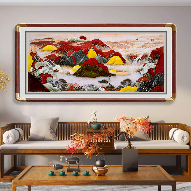 新中式鸿运当头客厅沙发背景墙装饰画玉石画玉雕画直径118-58厘米