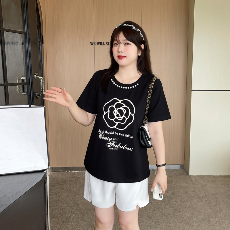 采多宝大码女装夏季显瘦小众山茶花设计感重工珍珠T恤 CXZ1003