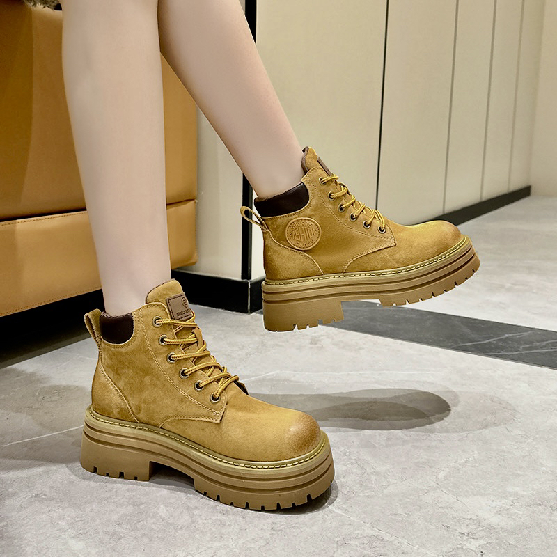 厚款机车靴大黄靴透气马丁靴复古系带通用常规女