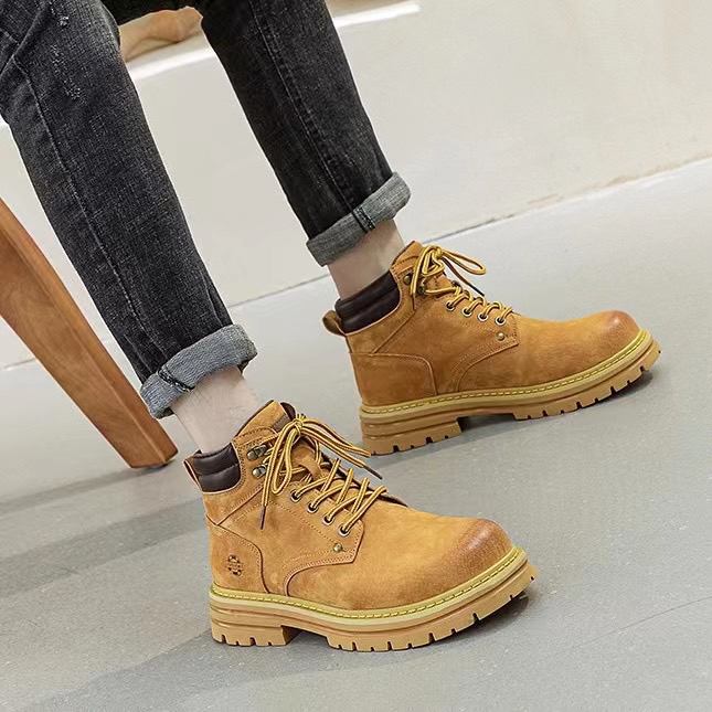 欧洲站复古机车马丁靴女内增高厚底工装短靴情侣款大黄靴马丁靴女