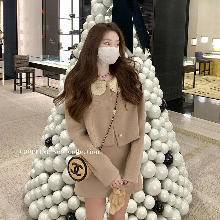 COOLLINE林子熙 少女心事 米杏色花瓣领甜美套装女气质短外套半裙
