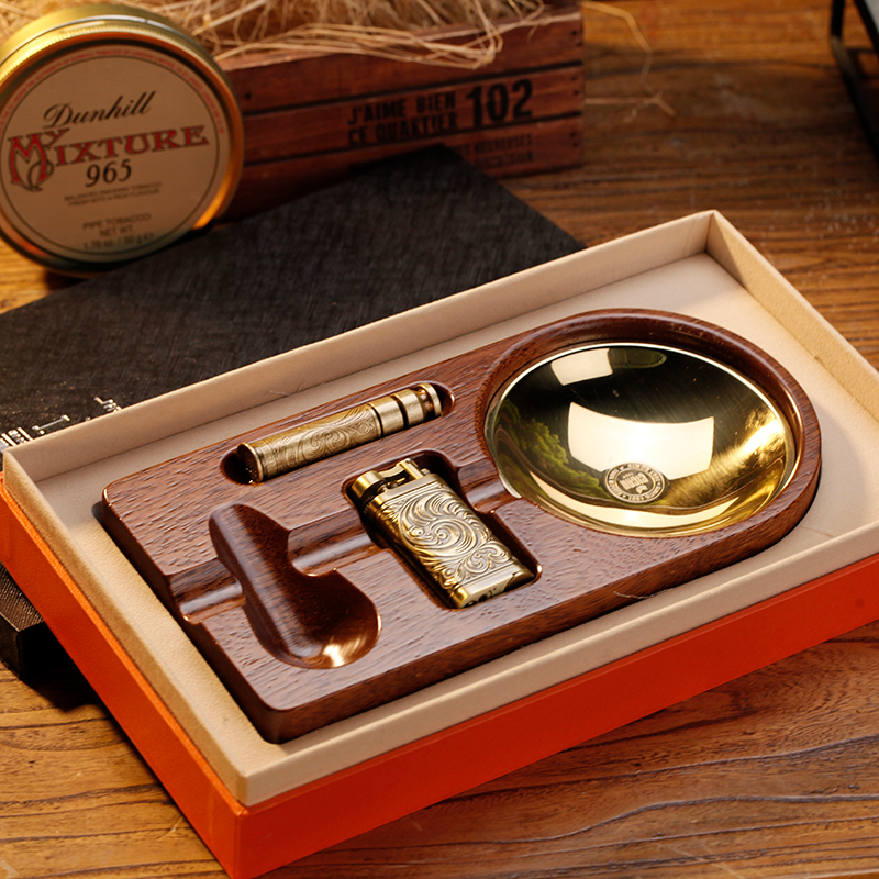 季风纯铜斗托盘菠萝格木含火机含纯铜压棒烟缸套装醒草盘包邮