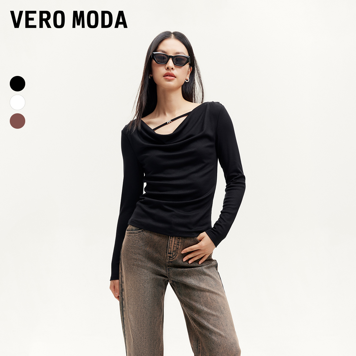 Vero ModaT恤女早秋新款简约百搭荡领短款长袖上衣针织洋气衣服