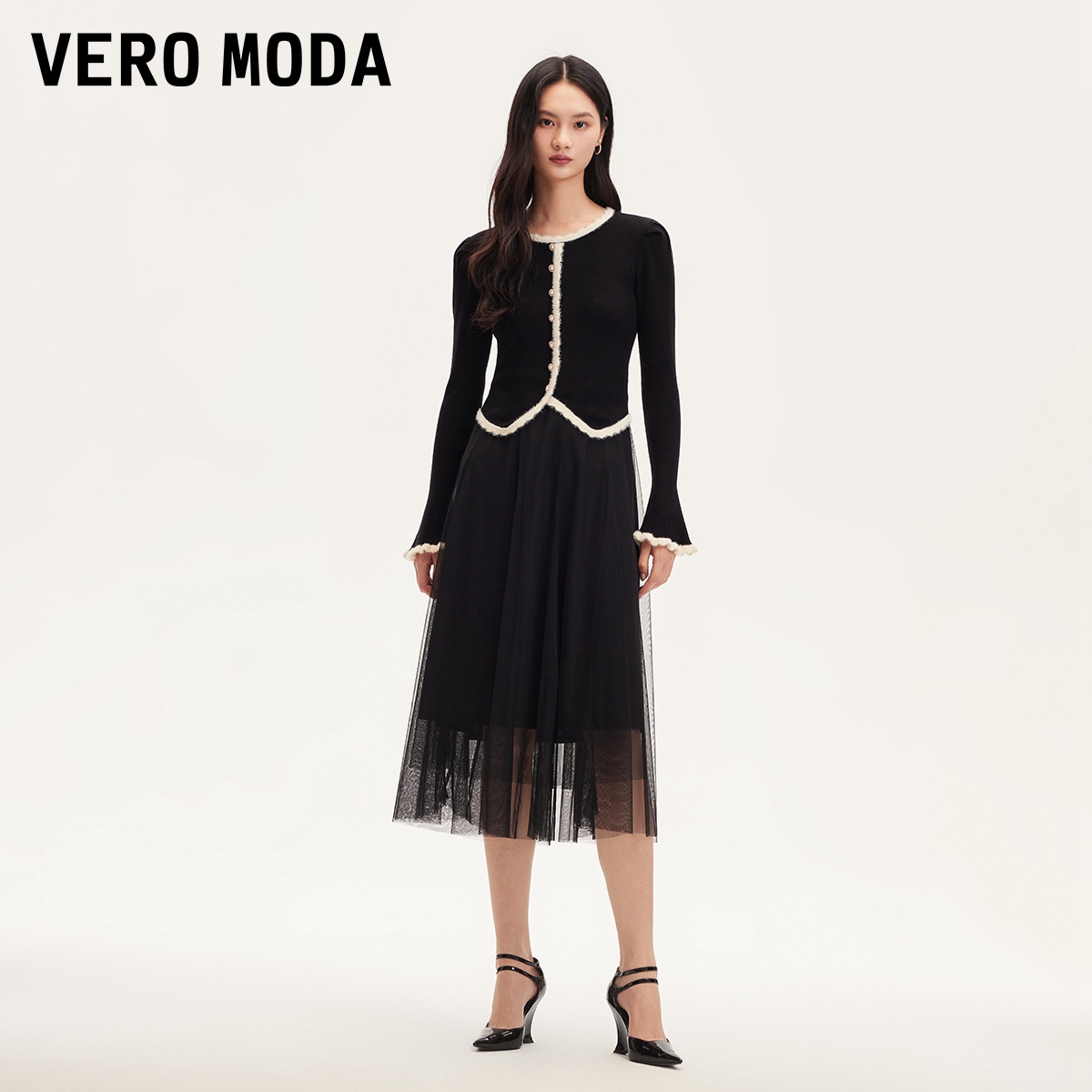 Vero Moda连衣裙女装针织衫吊带网纱长裙真两件流光风百搭老钱风