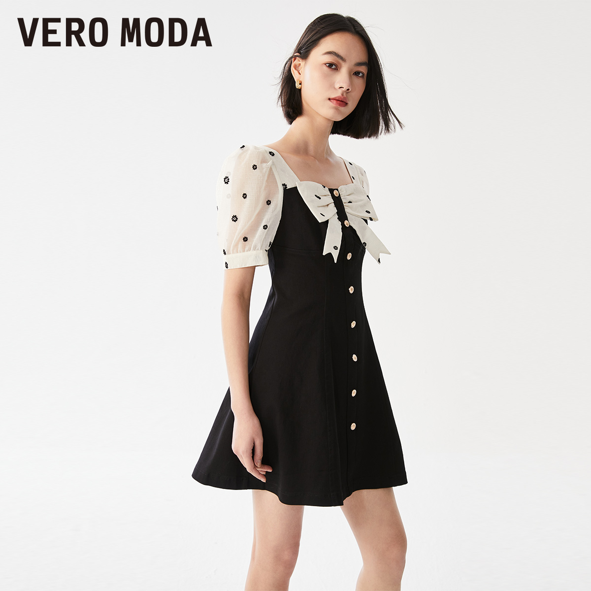 Vero Moda连衣裙女A字版型甜美优雅碎花优雅显瘦小黑裙轻奢